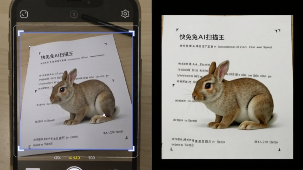 快兔兔AI扫描王扫描功能演示,手机拍摄一张纸质文档,屏幕中显示自动框选文档边缘并校正透视角度的过程,最终生成清晰的扫描件,背景简洁,突出扫描效果,画质干净,无多余元素