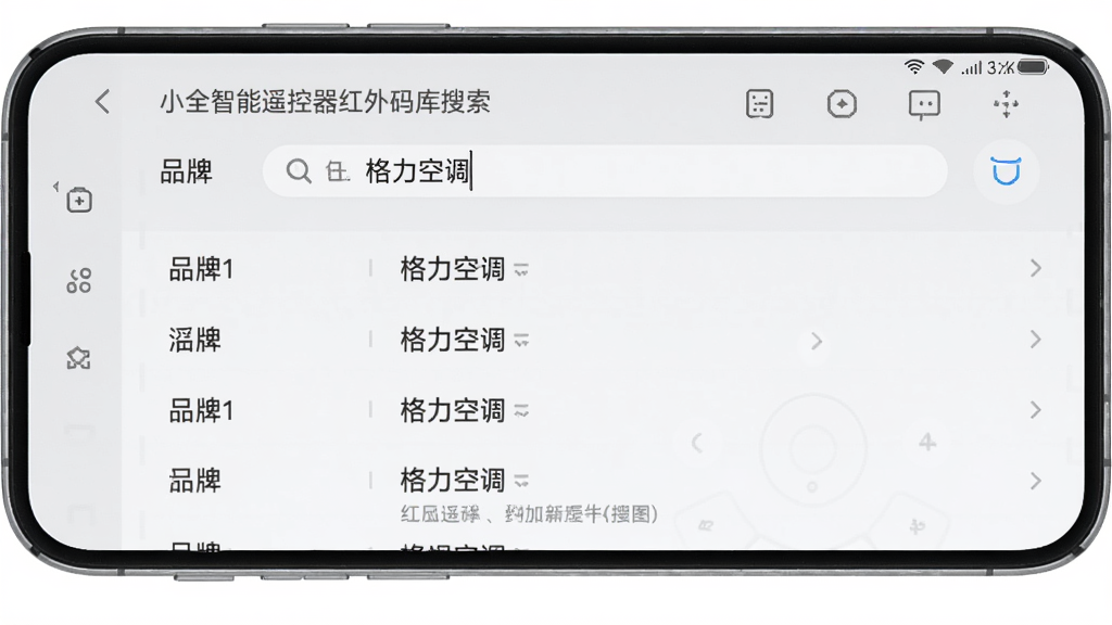 展示小全智能遥控器红外码库搜索界面的示意图,手机屏幕上显示品牌列表和搜索框,用户正在输入“格力空调”,下方出现匹配的遥控器型号列表,界面清晰,列表项排列整齐,背景为淡灰色,整体风格干净明亮,画质清晰,无多余元素