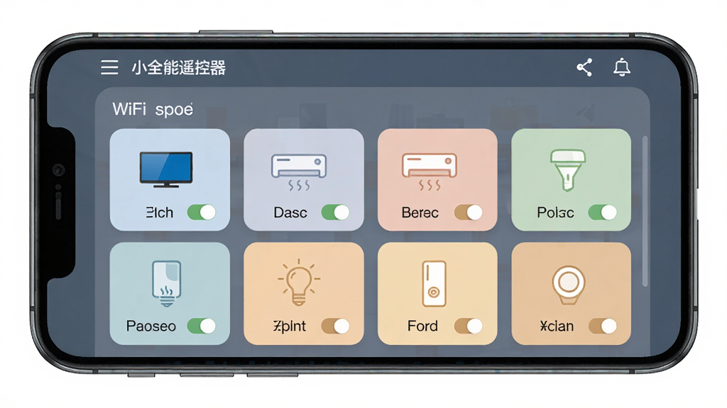 展示小全智能遥控器WiFi智控界面的示意图,手机屏幕显示客厅、卧室、书房等房间分组,点击客厅后显示电视、空调、灯光等多个设备图标,每个图标旁有开关状态指示,界面采用卡片式设计,色彩柔和,布局清晰,画质干净,无多余元素