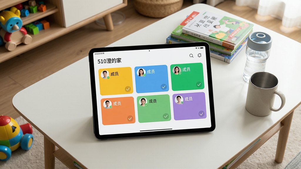 一张家庭客厅场景的俯视图,平板电脑立在茶几上,屏幕显示