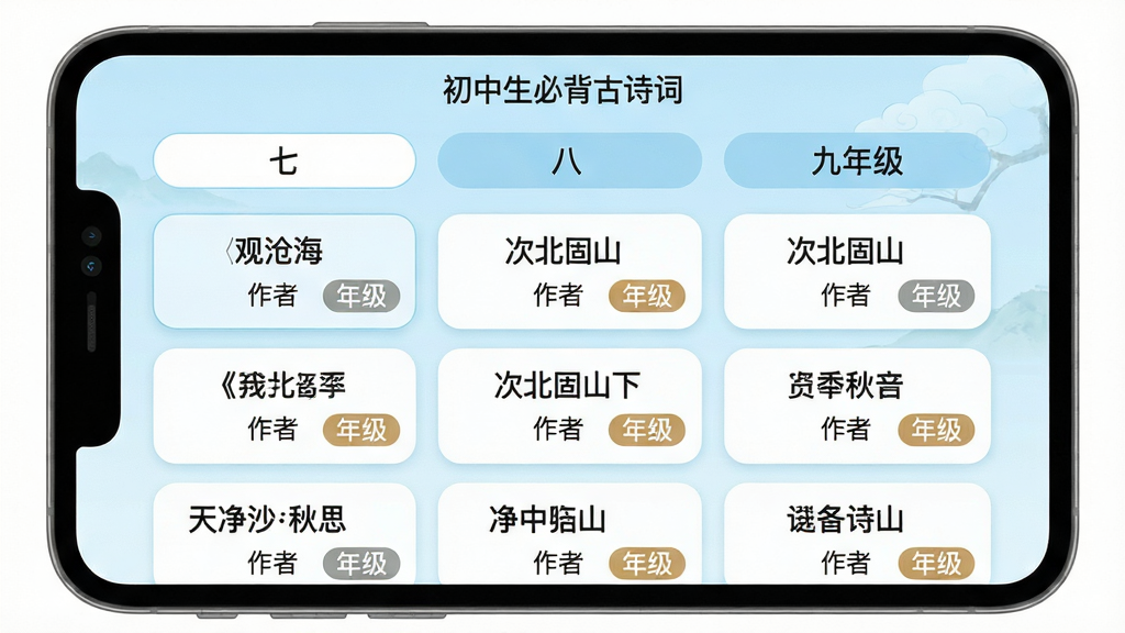 ���壺�򿪡��������ر���ʫ�ʡ�������ƪĿ�б����棬��ʾ���꼶����Ĺ�ʫ��Ŀ¼�����֣��Ϸ�Ϊ�꼶��ǩ���ߡ��ˡ����꼶�����·�Ϊʫ�ʱ����б����Ű棺��Ƭʽ�б���ÿ����Ƭ��ʾʫ�������������꼶��ǩ��������½�����񣬱���Ϊ����ɫ����ƬԲ����ơ�ϸ�ڣ��б����С��۲׺������α���ɽ�¡����쾻ɳ��˼����ƪĿ�����ʣ����壬�ɾ����޶���Ԫ�ء�