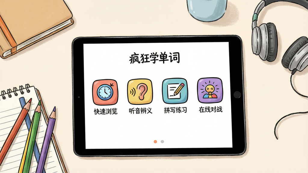 ��������Ϊһ��ƽ����Ժ�����ʾ�����ѧ���ʡ�APP��ѧϰģʽѡ����棬��Ļ���������ĸ���ɫͼ�꣬�ֱ��ע����������������������塱����ƴд��ϰ���������߶�ս����ÿ��ͼ���·��м�̵�����˵����ƽ����Χ�ڷ��Ų�ɫǦ�ʡ��ʼǱ��Ͷ���������Ϊ��Լ������һ�ǣ�ǳɫ����������͡���ͼ����ƽ���ӽǣ�ƽ����Ļ����չʾģʽͼ�꣬���Ϊ�����ֻ�磬ϸ�ڷḻ�����ʸɾ����޶���Ԫ�ء�