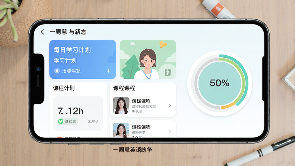 һ��չʾһ�ܻ�Ӣ��App������ĸ����ͼ���������ÿ��ѧϰ�ƻ���Ƭ���γ��б��ͽ��Ȼ������������¼�࣬ɫ�����죬ͻ���ƶ�ѧϰ���������ʸɾ����޶���Ԫ��