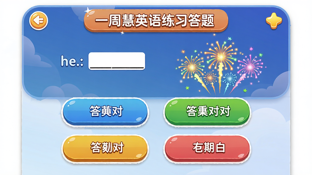 һ�ܻ�Ӣ����ϰ������棬չʾһ��ѡ������⣬�ĸ�ѡ�ť����Ժ����̻���ף����������ɫ�ʻ��ã���Ϸ����Ʒ�񣬻��ʸɾ����޶���Ԫ��