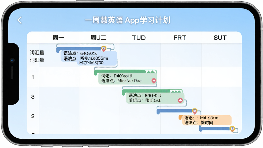 һ�ܻ�Ӣ��Appѧϰ�ƻ�ҳ�棬չʾһ�������ѧϰ�������ͼ��ÿ�������ע�ʻ������﷨�㡢����ʱ��������Ϊǳ��ɫ���䣬��ƽ����Ʒ���������������ʸɾ����޶���Ԫ��