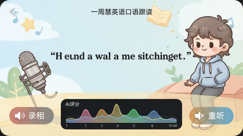 һ�ܻ�Ӣ�����������棬����Ϊһ��Ӣ�����䣬�·���ʾAI���ֲ���ͼ��������¼����������ť��������ͣ���ͨ�廭��񣬻����������޶���Ԫ��