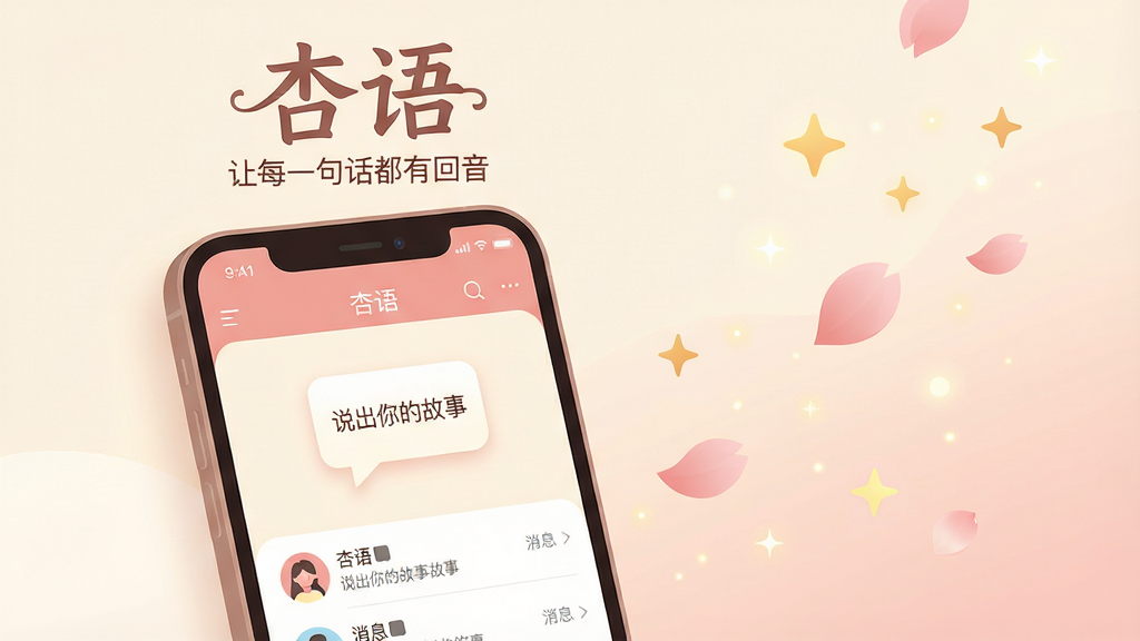 主体:手机屏幕展示“杏语”应用界面,界面风格温暖柔和,主色调为淡粉色与米白色,屏幕中央有一个对话气泡图标,气泡内写着“说出你的故事”。布局:手机位于画面中心偏左,右侧漂浮着几片花瓣和星星点点的光斑,营造温馨氛围。排版:简洁大方,应用名称“杏语”以艺术字体置于手机上方,下方配以标语“让每一句话都有回音”。风格:扁平化插画风格,色彩过渡自然,光影柔和。细节:手机屏幕上的界面元素清晰可辨,包括底部导航栏、消息列表和头像,背景有淡淡的渐变纹理。画质:高清渲染,干净无多余元素。
