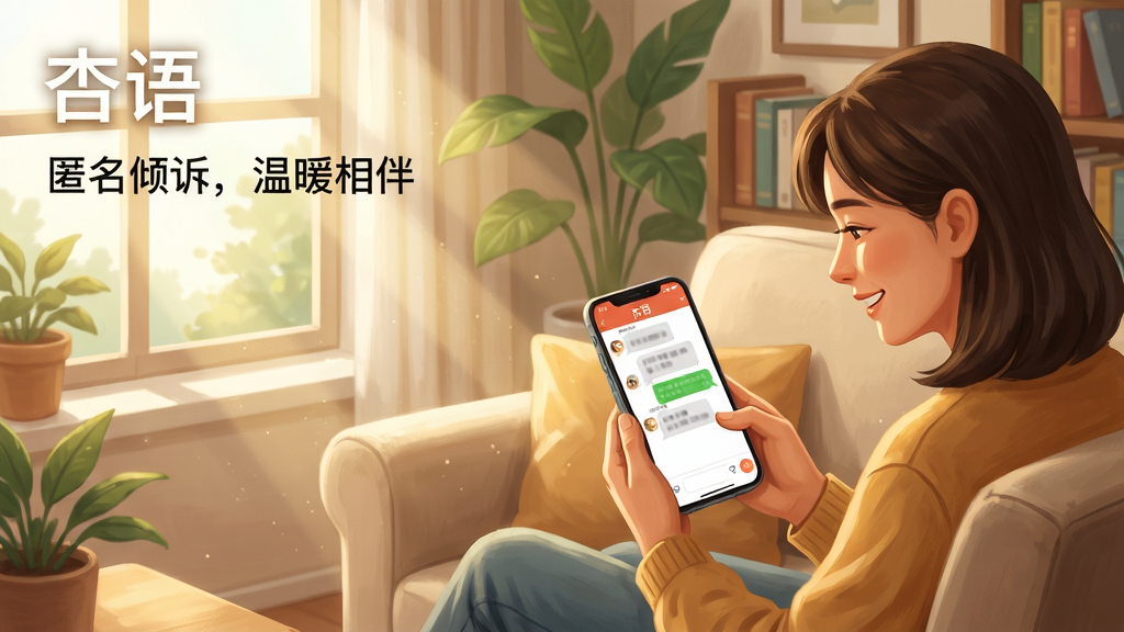 主体:一个温馨的室内场景,沙发上坐着两个人,一人正在用手机发送消息,另一人看着手机微笑,手机屏幕上显示“杏语”应用对话界面。布局:人物位于画面中央偏右,左侧是窗户,阳光洒入,形成柔和的光影。排版:画面左上角有“杏语”字样的水印,下方配文“匿名倾诉,温暖相伴”。风格:写实插画风格,色彩明亮温暖,细节丰富。细节:手机界面上的对话气泡清晰可见,气泡内文字模糊处理以体现隐私,背景有绿植和书籍。画质:高分辨率,画面干净通透。