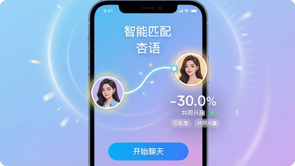 主体:手机界面截图展示“杏语”的匹配功能,屏幕上显示两个用户头像通过一条曲线连接,旁边有匹配度百分比和共同兴趣标签。布局:手机屏幕占据画面主体,背景为渐变色,从浅蓝到淡紫。排版:界面简洁,匹配动画动感十足,上方有“智能匹配”标题。风格:UI设计风格,色彩鲜艳,图标精致。细节:头像周围有光晕效果,匹配度数字清晰,底部有“开始聊天”按钮。画质:高清,适合作为官方功能展示图。