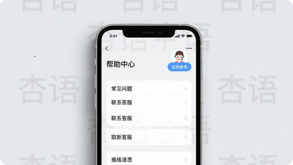 主体:一部手机正在运行杏语应用,屏幕显示“帮助中心”页面,旁边有一个客服头像和在线咨询按钮。布局:手机位于画面中央,背景为浅灰色,带有“杏语”标志的水印。排版:简洁清晰,帮助中心列表项排列整齐。风格:写实摄影风格,光线自然。细节:屏幕上可见“常见问题”“联系客服”等条目,手机边缘有轻微阴影。画质:高清,干净无杂物。
