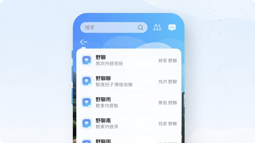 一幅展示野聊手机应用主界面的高清预览图,画面中央是简洁的聊天列表,顶部带有搜索栏和功能图标,整体采用蓝白渐变背景,界面圆润,风格现代,画质干净,无多余元素,文字标注“野聊”