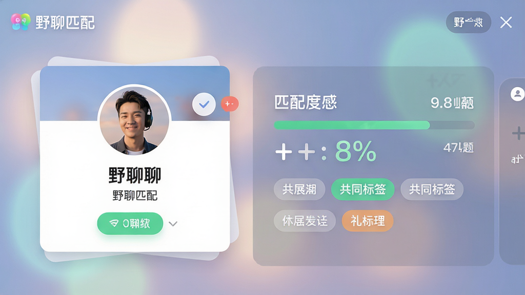 一幅野聊软件智能匹配功能的界面截图,左侧为个人资料卡片,右侧显示匹配度百分比和共同标签,背景带有柔和光效,整体风格清爽,界面布局清晰,画质细腻,无多余元素,文字标注“野聊匹配”