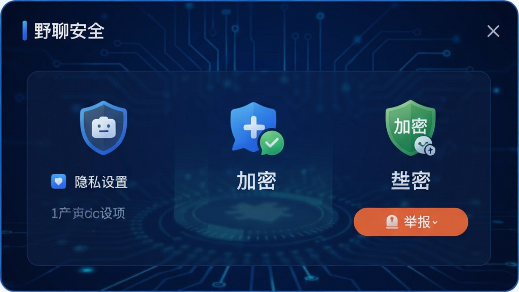 野聊安全中心界面示意图,展示隐私设置选项、加密标识和举报按钮,背景为深蓝色科技风格,界面整洁,图标清晰,画质高清,无多余元素,文字标注“野聊安全”