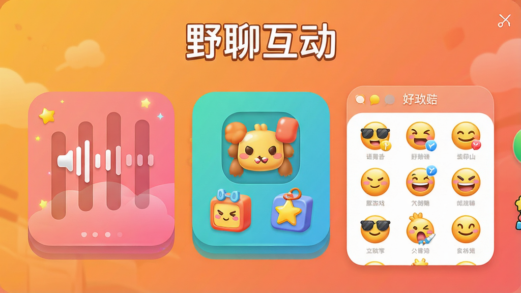 野聊聊天界面中展示多种互动玩法的预览图,包含语音条、小游戏图标和表情包面板,背景为暖色渐变,界面活泼,细节丰富,画质干净,无多余元素,文字标注“野聊互动”