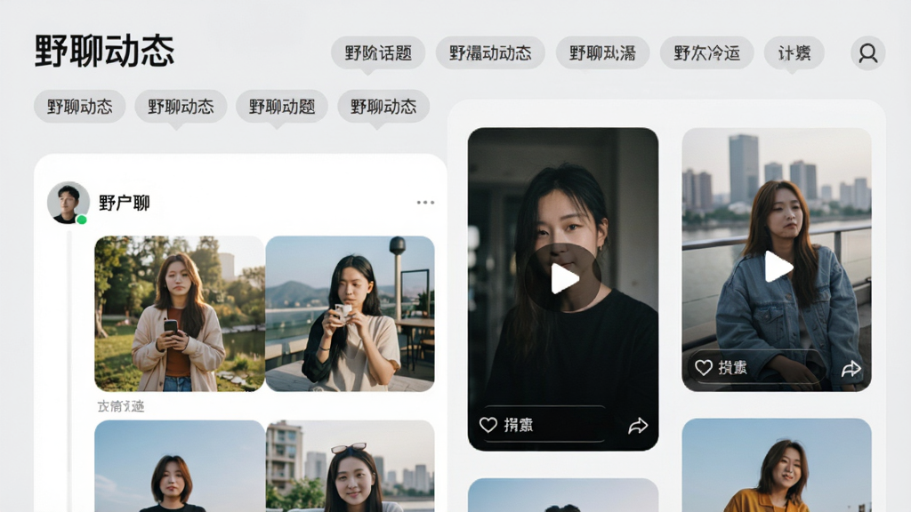 野聊动态广场界面预览,展示用户发布的图片流和短视频卡片,顶部有话题标签,背景为浅灰色,布局错落有致,风格清新,画质干净,无多余元素,文字标注“野聊动态”