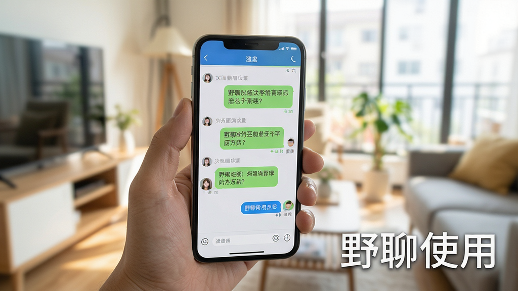 野聊手机使用场景示意图,画面中一只手拿着手机,屏幕上显示聊天界面,背景为虚化的室内环境,整体光线明亮,风格写实,细节丰富,画质干净,无多余元素,文字标注“野聊使用”