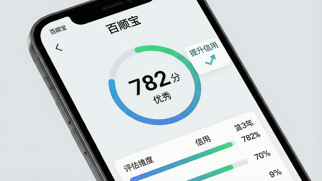 主体:百顺宝APP信用评估功能界面,显示信用分数和评估进度条。布局:手机屏幕特写,背景为浅灰色,突出数据可视化图表。排版:分数居中,进度条环状展示,旁边有“提升信用”小贴士。风格:专业稳重,数据感强。细节:屏幕上有“百顺宝”字样,信用分数为782分,并标注“优秀”,下方有详细评估维度。画质:清晰锐利,色彩准确,干净无杂物。