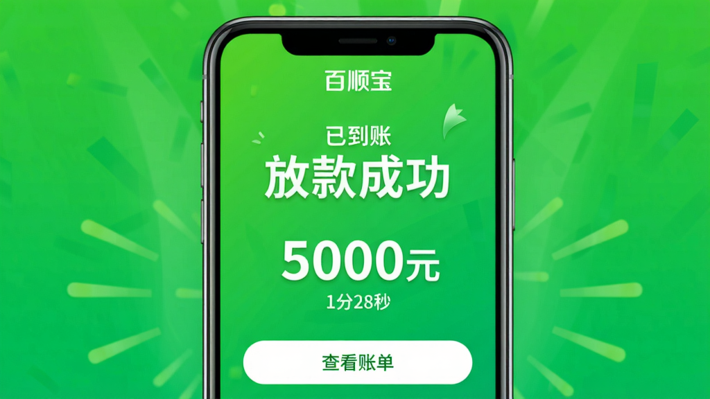 主体:百顺宝APP放款成功页面,显示“已到账”和金额。布局:手机屏幕居中,背景为亮绿色渐变,象征资金到账的喜悦。排版:“放款成功”大字居中,金额用粗体显示,下方有“查看账单”按钮。风格:明快活泼,强调高效与可靠。细节:屏幕上有“百顺宝”品牌logo,金额为5000元,到账时间显示“1分28秒”。画质:高清渲染,色彩鲜明,无多余元素。