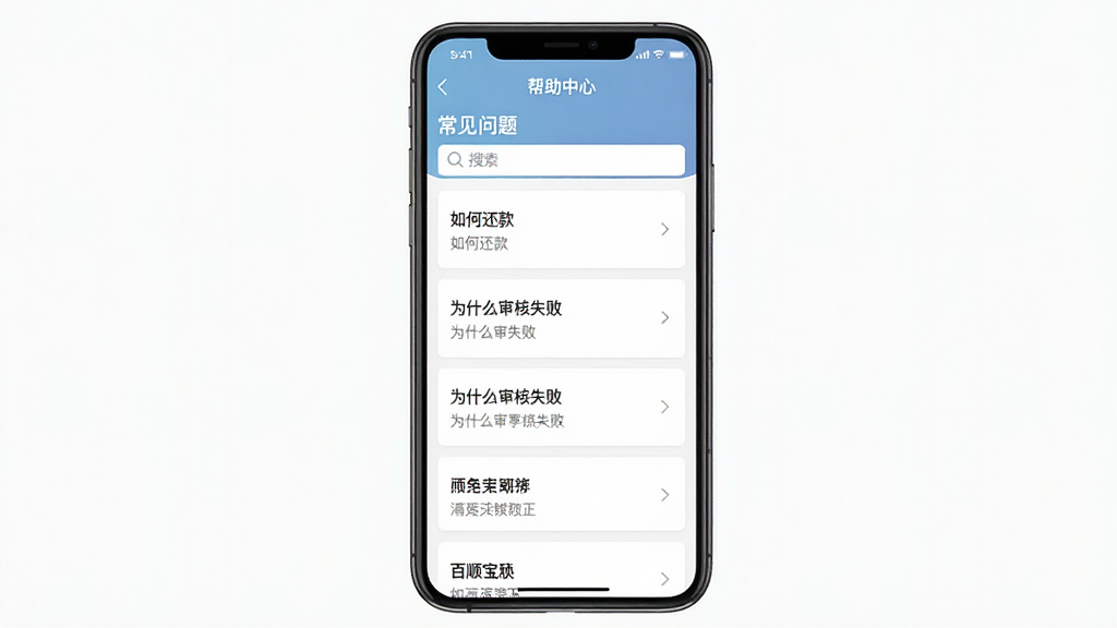 主体:手机屏幕显示百顺宝APP的“常见问题”界面,列表展示多个问题选项。布局:手机竖屏居中,背景为纯白色,突出列表内容。排版:问题条目以卡片式排列,每行一个,字体清晰。风格:简洁明了,符合帮助中心调性。细节:屏幕顶部有“帮助中心”标题,下方有“如何还款”、“为什么审核失败”等问题,并配有搜索栏。画质:高清,光线均匀,无多余元素。