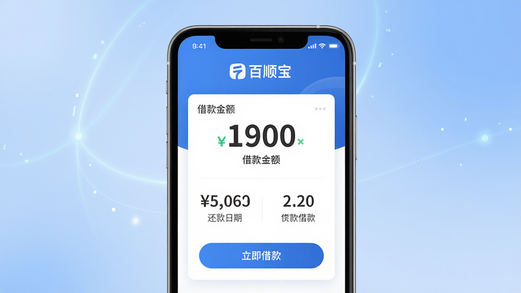 主体:百顺宝贷款APP的主界面展示,手机屏幕内呈现清晰的借款金额、还款日期等核心信息。布局:手机居中放置,屏幕内容突出,背景为柔和的蓝色渐变,营造科技感与信任感。排版:界面采用卡片式布局,信息层级分明,重要数值用大号字体显示。风格:现代简约,符合金融应用的严谨气质,同时带有亲和力。细节:屏幕上的“百顺宝”品牌标识清晰,下方有“立即借款”按钮,整体画面干净整洁。画质:高清渲染,光线柔和,无多余元素。