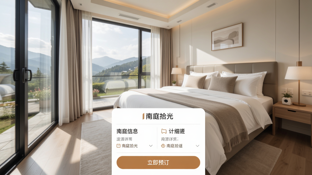 主体:南庭拾光APP房源详情页,展示一间装修精致的民宿卧室,有落地窗和柔软的大床。布局:页面顶部是房源大图,下方是房源信息,包括“南庭拾光”品牌标识。排版:信息分区清晰,有“立即预订”按钮。风格:简约现代,明亮通透。细节:图片中的房间光线充足,床品整洁,窗外的风景隐约可见。画质:高清,干净,无多余元素。