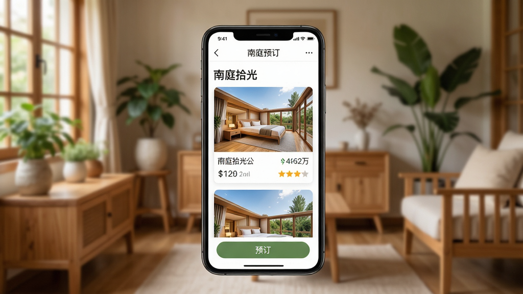 主体:南庭拾光APP的界面展示图,画面中央是一部智能手机,屏幕显示民宿预订页面,背景是温馨的民宿室内环境,有木质家具和绿植。布局:手机位于画面中心,背景虚化处理,突出屏幕内容。排版:屏幕上有“南庭拾光”字样和房源卡片,卡片包含照片、价格和评分。风格:清新自然,暖色调,营造舒适氛围。细节:屏幕上的民宿图片清晰,有“预订”按钮,界面简洁美观。画质:高清,干净,无多余元素。