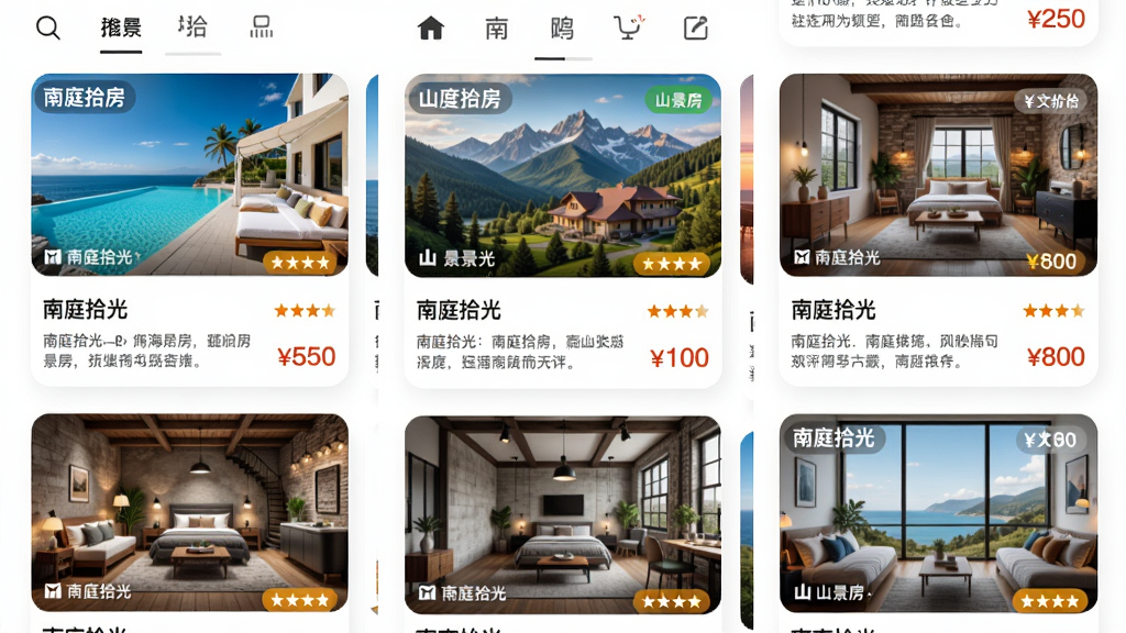 主体:南庭拾光APP的推荐页面,屏幕上有多个民宿卡片,每个卡片都有不同的风格,如海景房、山景房、loft等。布局:卡片以瀑布流形式排列,错落有致。排版:每张卡片下方有“南庭拾光”字样和简要介绍。风格:活泼明快,色彩丰富。细节:卡片上的民宿图片各具特色,有评分和价格标签。画质:高清,干净,无多余元素。