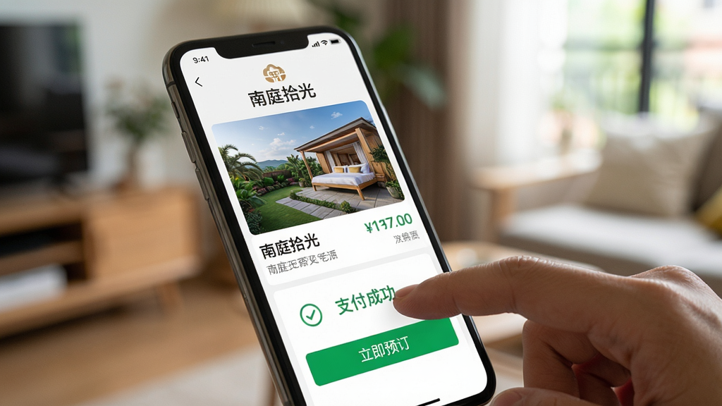 主体:南庭拾光APP在手机上的使用场景,一只手正在点击屏幕上的“立即预订”按钮。布局:手机特写,背景是模糊的室内环境。排版:屏幕上有“南庭拾光”的界面,显示民宿图片和价格。风格:真实自然,生活气息浓厚。细节:手指点击位置清晰,屏幕上有“支付成功”的字样。画质:高清,干净,无多余元素。