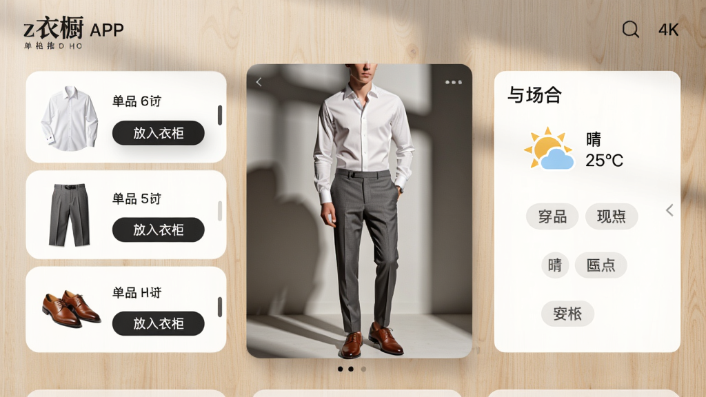 主体:z衣橱APP穿搭推荐页面,展示一套由白衬衫、灰色西装裤和棕色皮鞋组成的男士商务休闲穿搭。布局:中央为穿搭预览图,左侧为单品列表,右侧为天气信息与场合标签。排版:横向卡片式滑动布局,背景为浅木色。风格:时尚杂志风格,光影质感强。细节:穿搭预览图带有模特上身效果,单品列表附有“放入衣柜”按钮,天气图标显示“晴 25℃”。画质:4K,干净,无多余元素。
