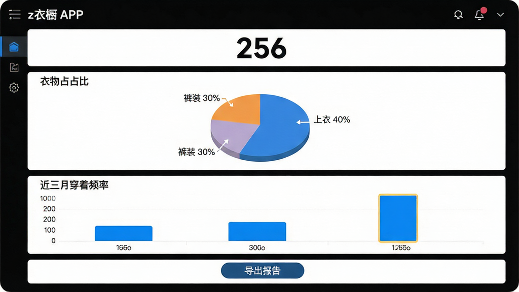 主体:z衣橱APP的数据统计界面,显示饼状图与柱状图。布局:上方为衣物总量数字“256”,中部为分类占比饼图,下方为近三月穿着频率柱状图。排版:图表风格统一,色彩清晰。风格:数据可视化,商务简洁风格。细节:饼图标注“上衣 40%”、“裤装 30%”等,柱状图高亮显示穿着最多的单品,底部有“导出报告”按钮。画质:高清,干净,无多余元素。