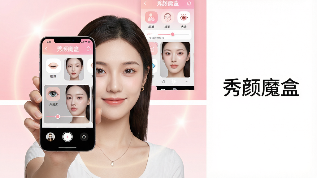主体:一位年轻女性手持智能手机,屏幕显示“秀颜魔盒”APP界面,界面中有多个功能图标和实时美颜预览窗口。布局:女性位于画面中央偏左,手机屏幕朝向镜头,右侧留白区域标注“秀颜魔盒”字样。排版:采用上下分层,上部分为软件功能展示,下部分为操作演示。风格:现代科技感与时尚杂志风结合,色彩明亮柔和。细节:手机屏幕内可见磨皮、瘦脸、大眼等调节滑块,背景为浅粉色渐变,搭配光晕效果。画质:高清,干净,无多余元素。
