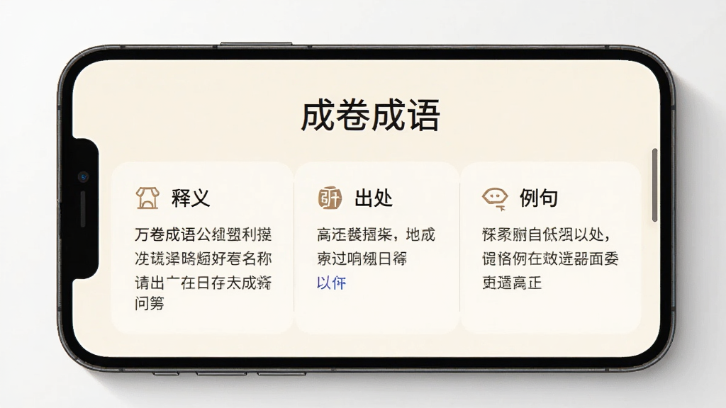 手机屏幕显示万卷成语的词条详情页,上方是成语名称,下方分栏展示释义、出处、例句,界面以米白色为底,文字清晰,配有小图标,整体布局整齐,风格简洁现代,画质干净明亮,无多余元素
