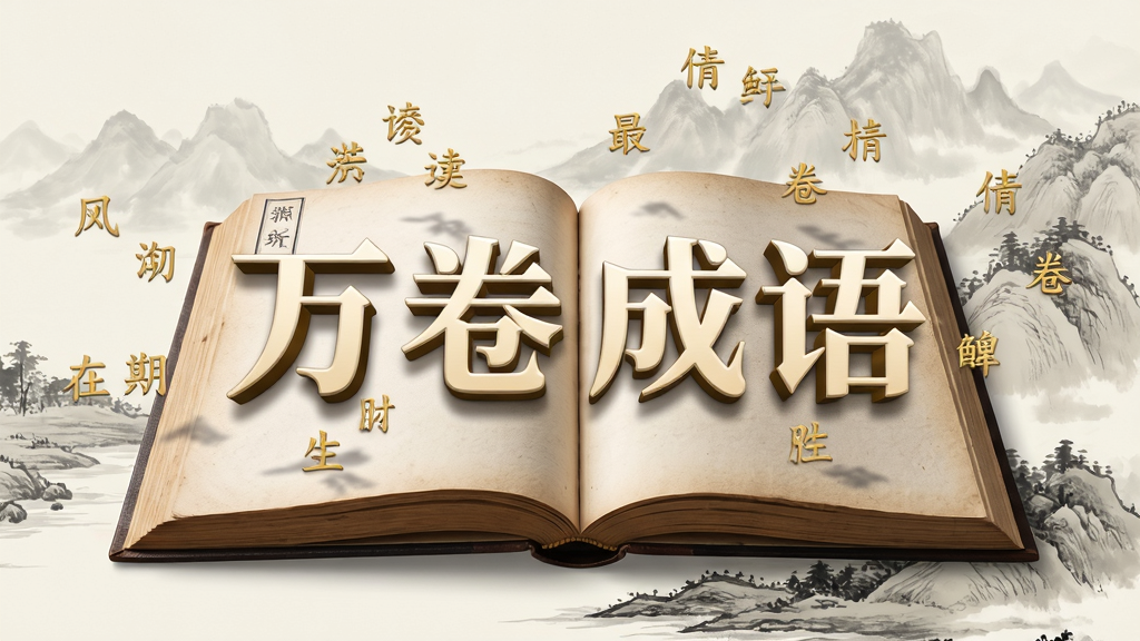 主体为一本翻开的古典书籍,书页上浮现出“万卷成语”四个立体字,周围飘散着金色的小字成语,背景是淡雅的水墨山水画,布局居中,排版疏朗,风格典雅古朴,细节包括书页纹理和文字阴影,画质高清干净,无多余元素