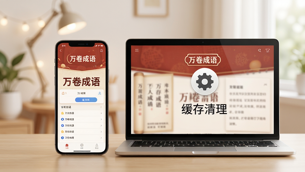 一部手机和一台电脑并排放置,屏幕上显示万卷成语的界面,旁边有设置齿轮图标和“缓存清理”字样,背景柔和,风格写实,布局平衡,画质清晰干净,无多余元素