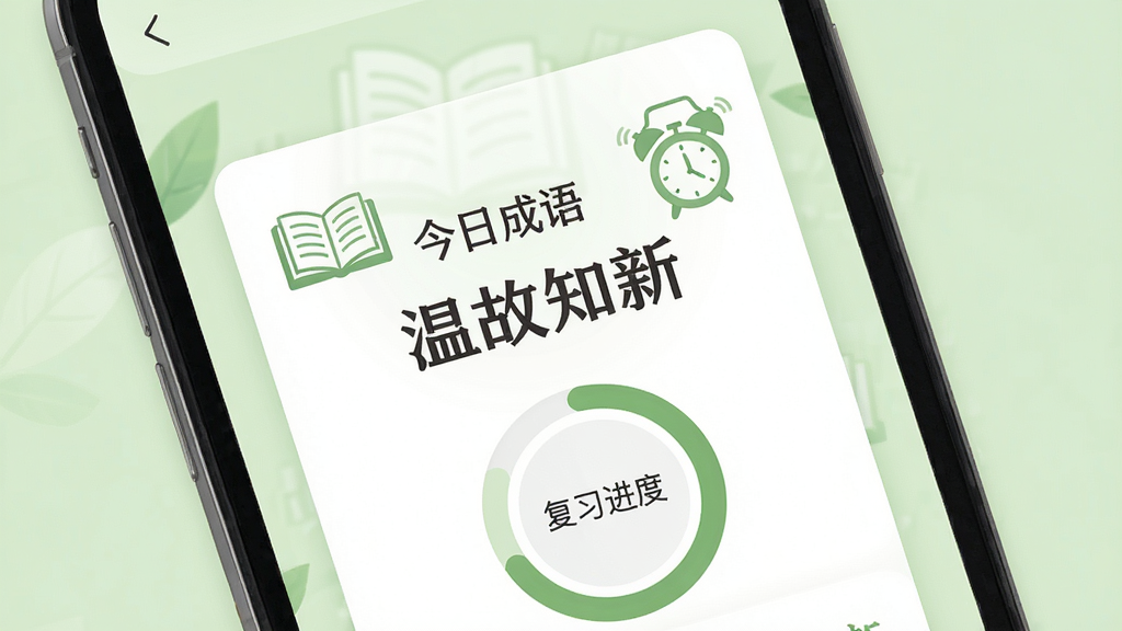 手机界面展示每日推荐成语卡片,卡片上写有“今日成语”和“温故知新”字样,下方有复习进度环,背景为浅绿色,搭配书本和闹钟图标,风格清新自然,排版简洁,画质干净,无多余元素