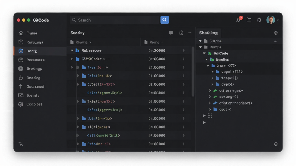 GitCode软件主界面预览图,展示代码仓库列表与分支管理面板,整体布局清晰,左侧导航栏,右侧代码文件树,顶部搜索栏与用户头像,采用深色主题,现代扁平化设计风格,界面干净整洁,高分辨率,无多余元素