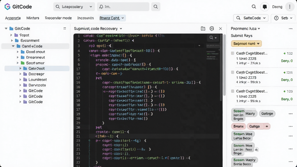 GitCode代码仓库页面,展示文件树与代码高亮显示,右侧有提交记录与分支标签,界面现代,浅色主题,信息层级分明,画质清晰,无多余元素