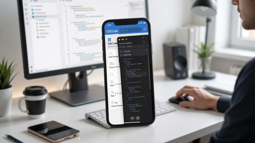 GitCode移动端应用使用场景图,展示手机屏幕上的仓库列表与代码详情,背景为开发者工作台,浅色主题,高分辨率,干净无多余元素