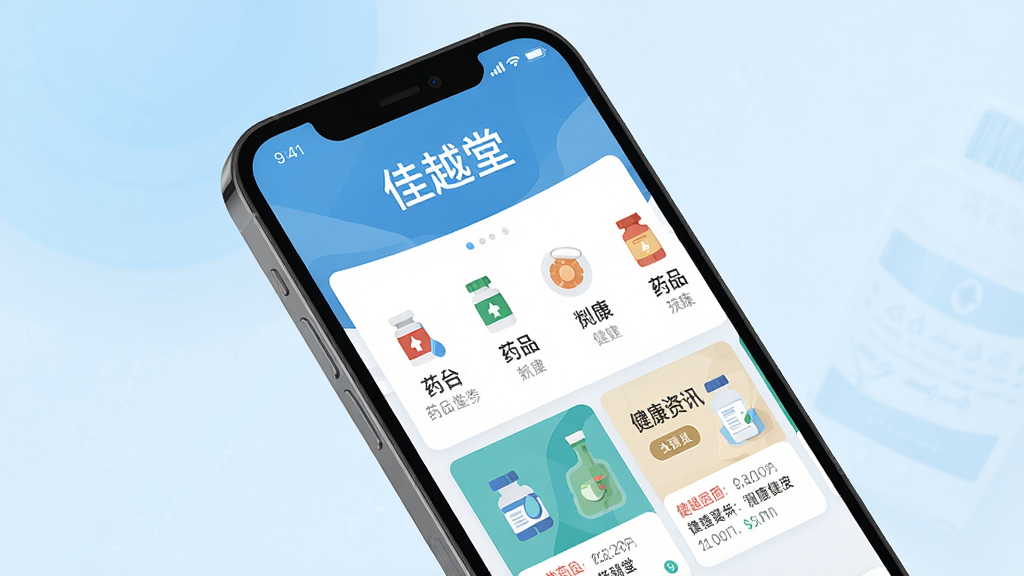 画面主体为一部智能手机屏幕展示佳越堂应用首页,屏幕上方显示“佳越堂”字样,下方排列整齐的药品分类图标与健康资讯卡片。背景采用柔和的浅蓝色渐变,营造清新专业的医疗氛围。布局采用居中构图,手机略微倾斜45度,展示应用界面细节。整体风格简洁现代,扁平化设计,细节包含清晰的文字与图标,画质高清,干净无多余元素。
