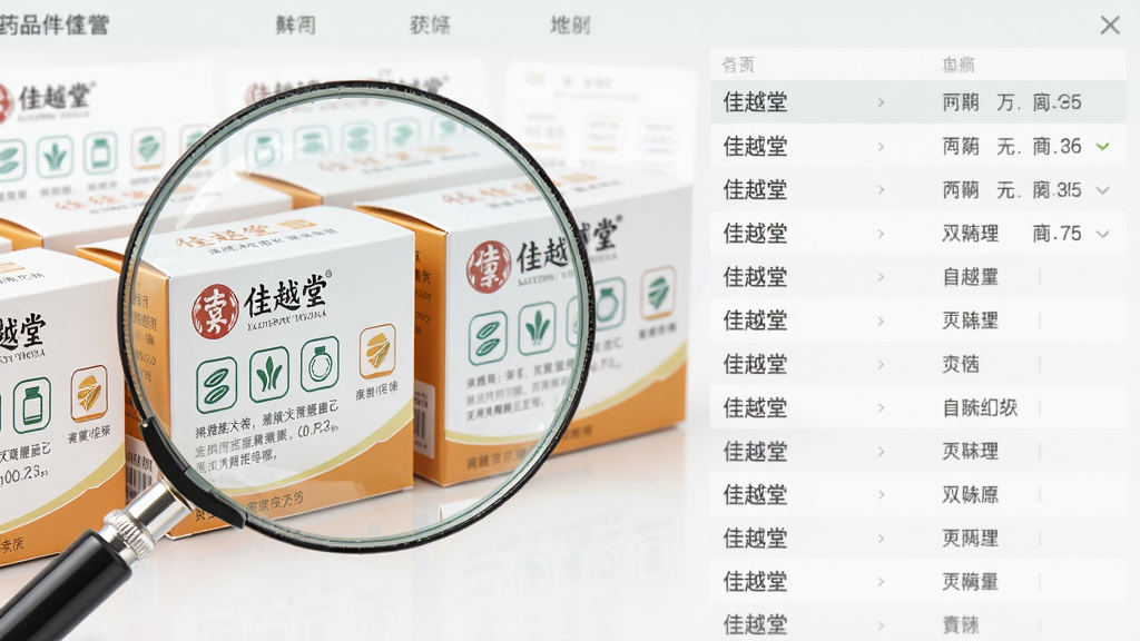 画面主体为放大镜正在扫描一排整齐的药盒,药盒上印有“佳越堂”品牌标识,背景是清晰的药品信息列表界面。布局采用左右结构,左侧为放大镜与药盒,右侧为文字信息,排版整齐。风格写实,光线明亮,细节展现药盒上的文字与图标。画质高清,干净无多余元素。