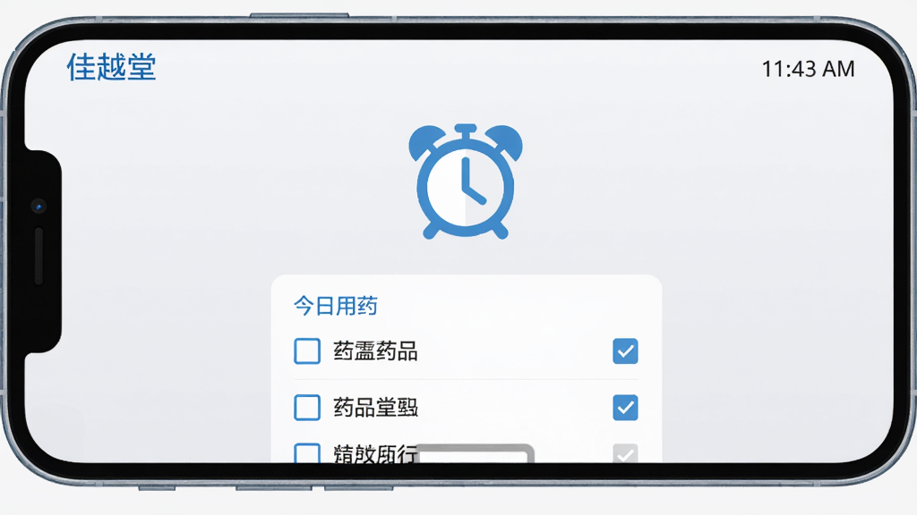 画面主体为智能手机屏幕显示佳越堂用药提醒界面,界面中央有一个闹钟图标,下方是“今日用药”列表,每项药品带有复选框。背景为浅灰色,突出界面内容。布局采用平视视角,手机横屏展示,细节包含时间标签与药品名称。风格简洁,扁平化设计,色彩以蓝色和白色为主,画质高清,干净无多余元素。