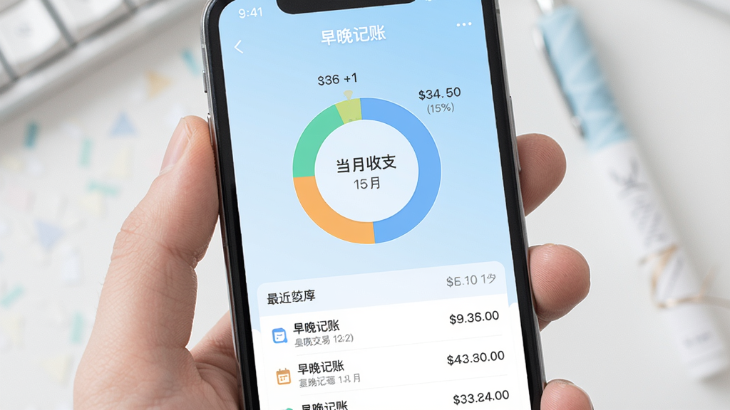 图片展示早晚记账软件主界面,手机屏幕中央显示当月收支概览环形图,下方为最近几笔交易列表,背景为浅蓝色渐变,界面风格简约清新,整体布局干净,无多余元素,画质高清,文字标注“早晚记账”