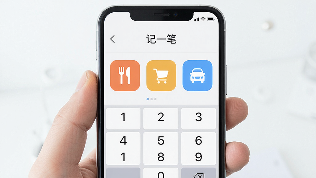 展示早晚记账的快速记账界面,手机屏幕上有数字键盘和几个彩色分类图标,如餐饮、购物、交通,顶部有“记一笔”标题,背景简洁明亮,风格清爽,画质清晰,无多余元素