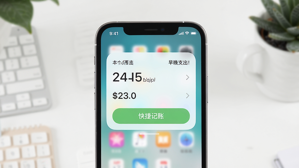 展示早晚记账在手机桌面上添加的小组件效果,桌面背景为简约风格,小组件显示本月支出和快捷记账按钮,整体布局整洁,风格清新,画质清晰,无多余元素