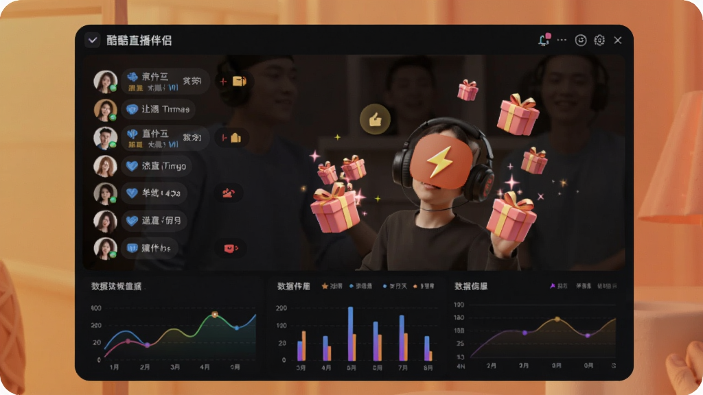 展示酷酷直播伴侣的互动管理界面,屏幕上滚动显示观众弹幕和礼物特效,下方有数据图表,背景为暖色调,整体风格活泼,画面干净无多余元素