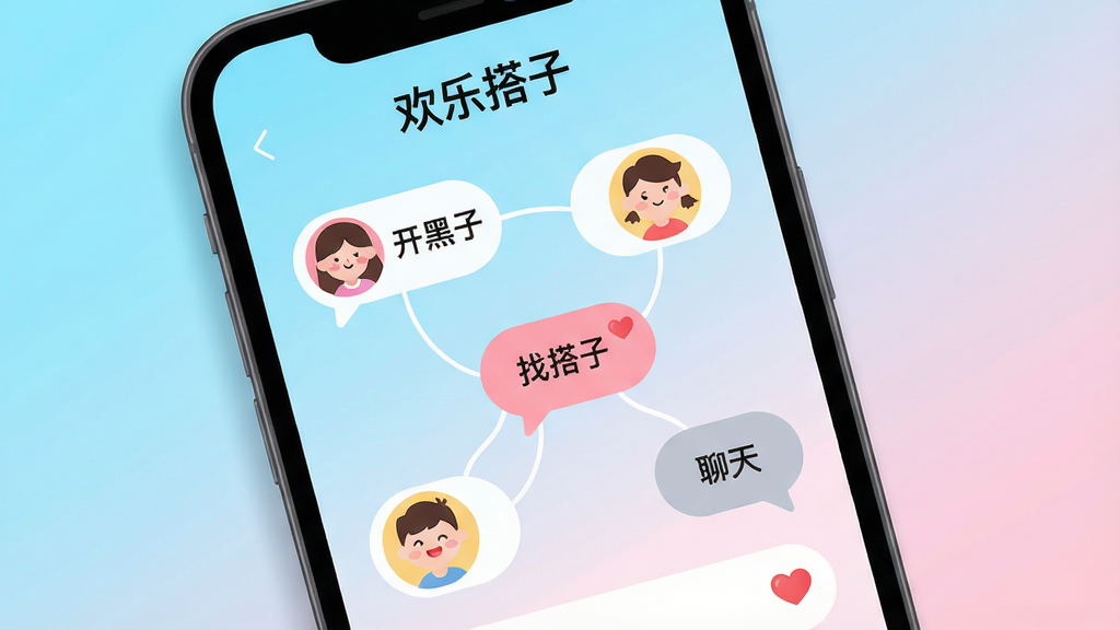 画面主体为一部智能手机屏幕占据视觉中心,屏幕内显示“欢乐搭子”应用主界面,界面中有多个卡通头像气泡相互连接,气泡上标注“找搭子”、“开黑”、“聊天”等字样。背景为明亮的渐变色,从浅蓝过渡到浅粉,整体风格活泼清新。布局采用居中对称构图,手机略微倾斜增加动感。排版上,界面元素排列整齐,图标圆润可爱。风格为扁平化矢量插画,细节包括头像上的微笑表情和聊天框中的爱心符号。画质清晰干净,无多余元素。