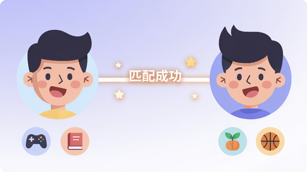 画面主体为两个卡通人物头像分别位于画面左右两侧,中间有一条发光的连线,线上有“匹配成功”字样。背景为柔和的浅紫色与白色渐变,布局采用左右对称构图,头像下方有各自的兴趣标签图标,如游戏手柄、书本、篮球等。风格为现代扁平化设计,细节包括头像上的开心表情和连线上的小星星点缀。画质干净明亮,无多余元素。