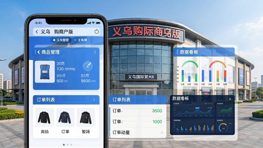 义乌购商户版主界面展示,手机屏幕显示商品管理、订单列表、数据看板功能模块,背景为义乌国际商贸城实景,界面简洁现代,色彩以蓝色和白色为主,画质清晰,干净无多余元素