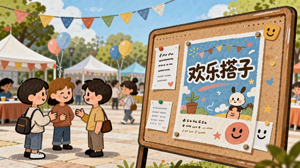 画面主体为一个热闹的活动广场场景,背景为户外公园和帐篷,前景有一块公告板,上面贴着活动海报,海报上有“欢乐搭子”字样。布局采用透视构图,公告板位于右侧,左侧有多个卡通人物正在交流。风格为手绘插画风,细节包括气球、彩旗和笑脸。画质明亮干净,无多余元素。