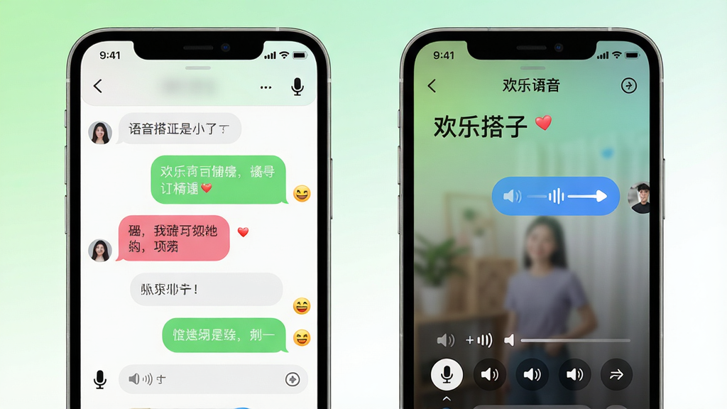 画面主体为两个手机屏幕并排展示,左侧屏幕显示文字聊天界面,右侧屏幕显示语音聊天室界面,界面上有“欢乐搭子”字样。背景为浅绿色与白色渐变,布局采用并列式构图,聊天界面中有彩色气泡和表情符号。风格为清爽的UI设计风格,细节包括麦克风图标和音量波动条。画质细腻清晰,无多余元素。